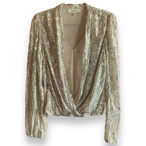 Haver & Blair Top Sequin Champagne Golden Silver Wrap Longsleeve  Blouse XS NWOT